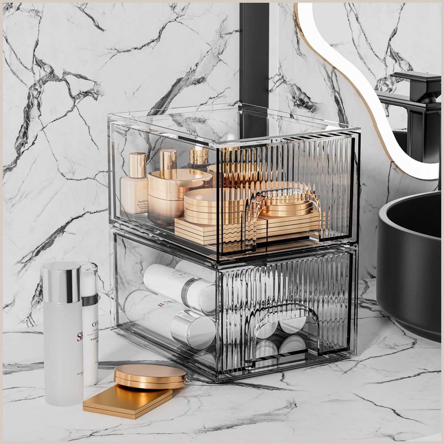 ZHIAI Stackable Storage Drawer, 2 Piece Acrylic Organiser for Cosmetics and Beauty Products, Suitable for Dressers, Bathrooms, Cabinets, Storage Rooms, Bedrooms and Home Organisers