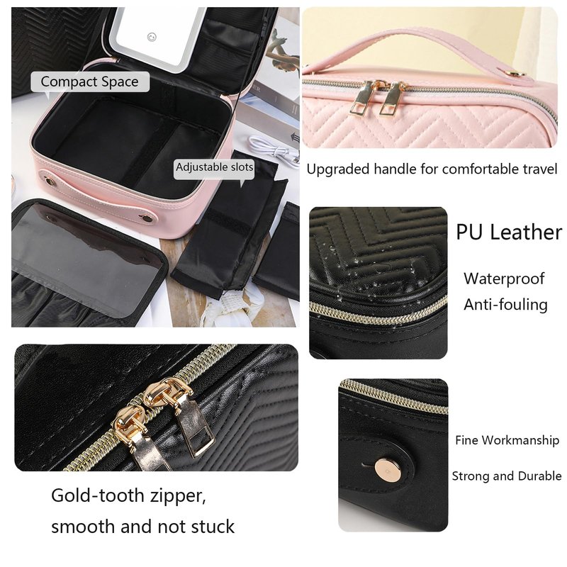 Linsiter Professional Makeup bag with Mirror and Light, Cosmetic Train Cases Waterproof PU Leather, Large Capacity, Pink