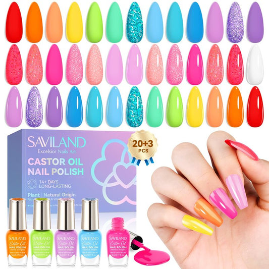 SAVILAND Nail Polish Set: Quick Dry Nail Polish Fingernail 20+3 Pcs Bright Neon Red Green Glitter Regular Nails Polish Kit with Base Top Polish Nail Art Polish DIY At Home Gift for Girls