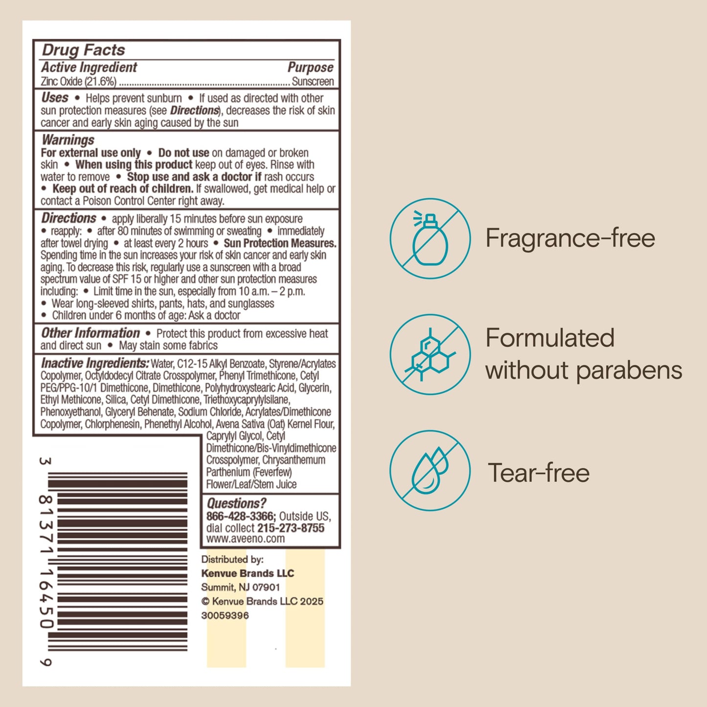 Aveeno Kids Continuous Protection Zinc Oxide Broad Spectrum Sunscreen Lotion for Kids’ Sensitive Skin. SPF 50 Oxybenzone Free Sunscreen, Tear- and Sweat-Free and Water-Resistant, Non-Greasy, 3 Fl Oz