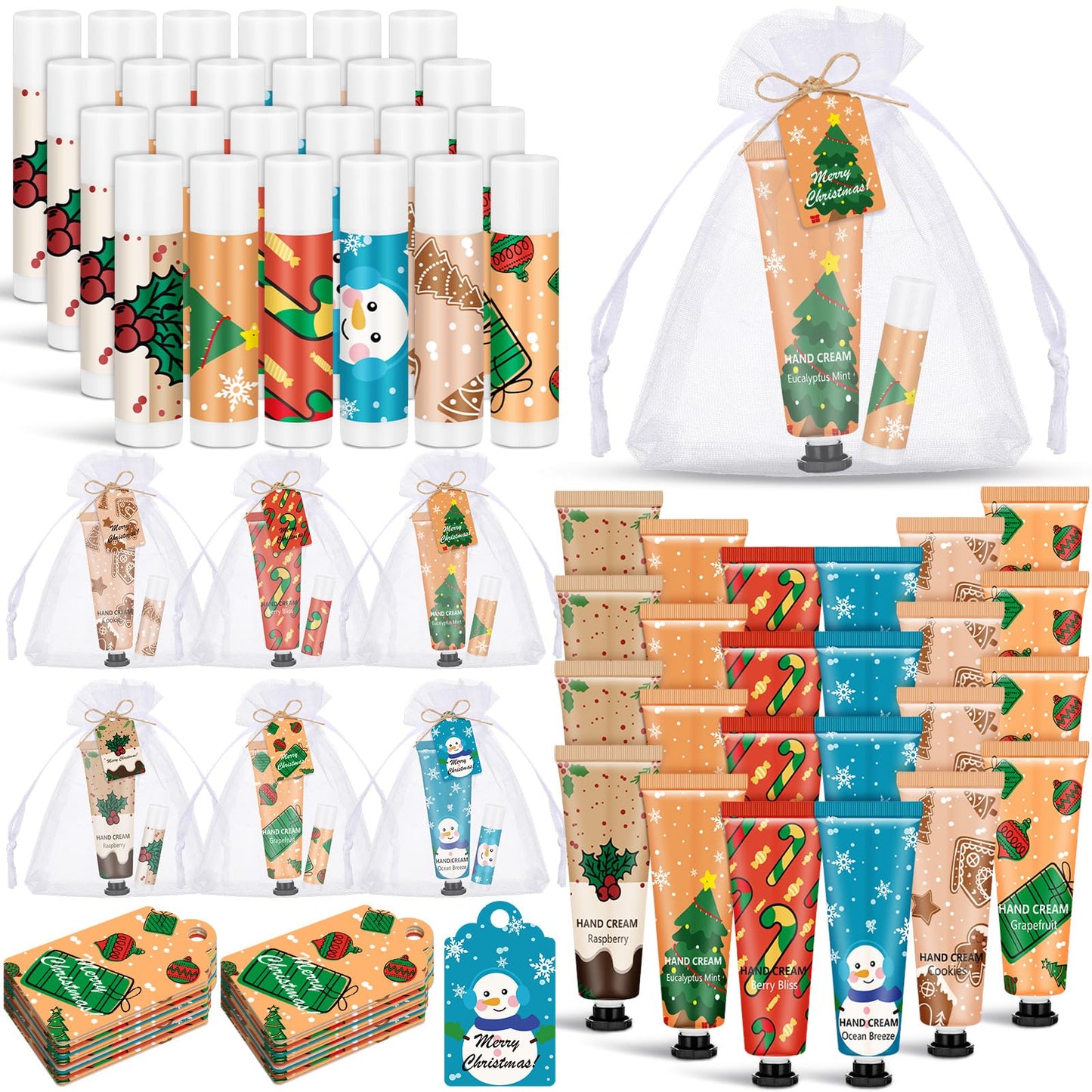Loopeer 24 Sets/96 Pcs Christmas Hand Cream and Lip Balm Gift Set for Women Bulk Mini Hand Lotion Travel Size for Dry Skin Stocking Stuffers with Greeting Card Organza Bags for Coworker Employee