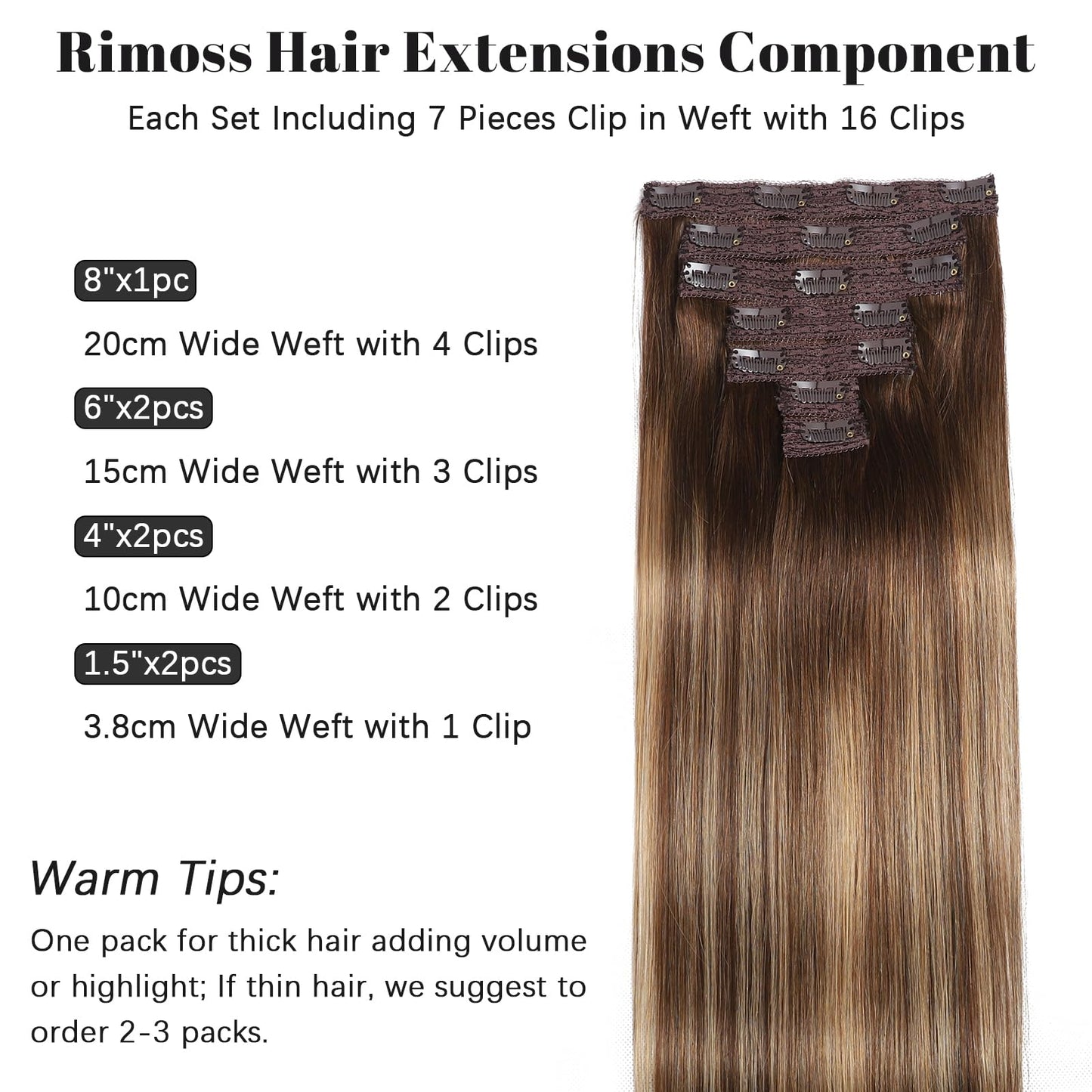 Rimoss Clip in Hair Extensions Real Human Hair - 14 Inch 7pcs, Ombre Chocolate Brown to Caramel Blonde Balayage Color - Soft Human Hair Clip in Extensions Straight for Women