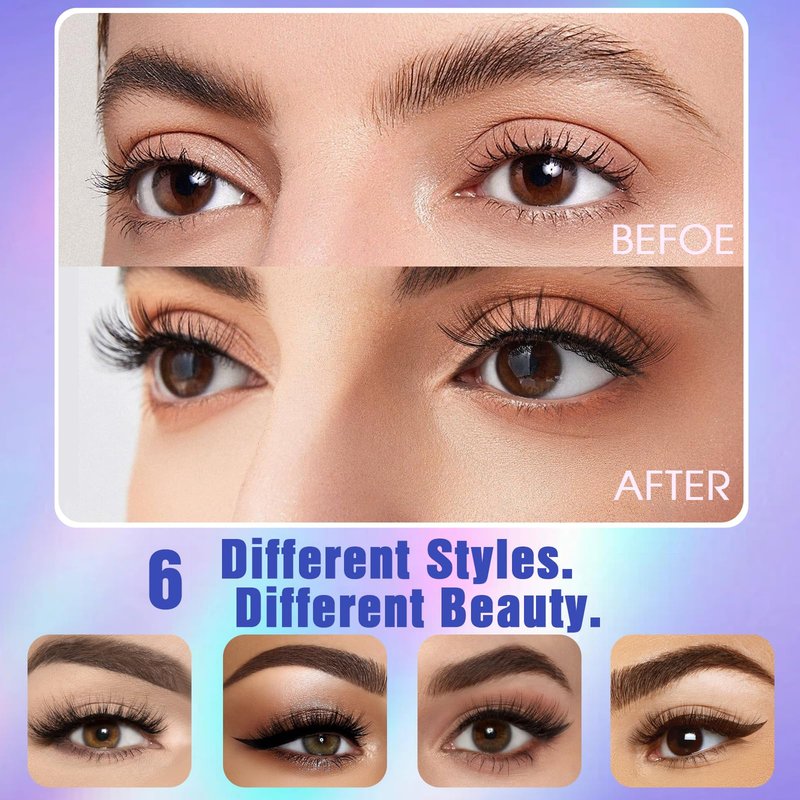 Houldhowd Magnetic Eyelashes Kit - 6 Sets Reusable Natural Look, No Glue Needed, with Applicator, Easy to Wear/Remove, Suitable for Daily/Party/Work (Fashionable Natural Style)