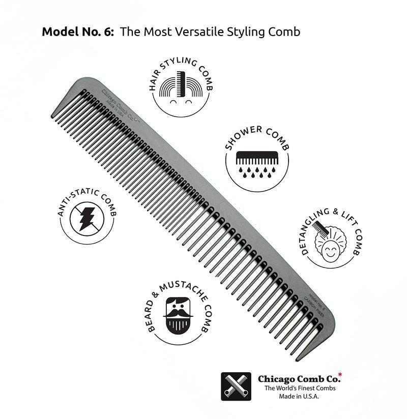 Chicago Comb Model 6 Carbon Fiber Comb + Dublin Black Horween leather sheath, Made in USA, ultimate styling comb, for men & women, smooth strong & light, anti-static, American-made leather case