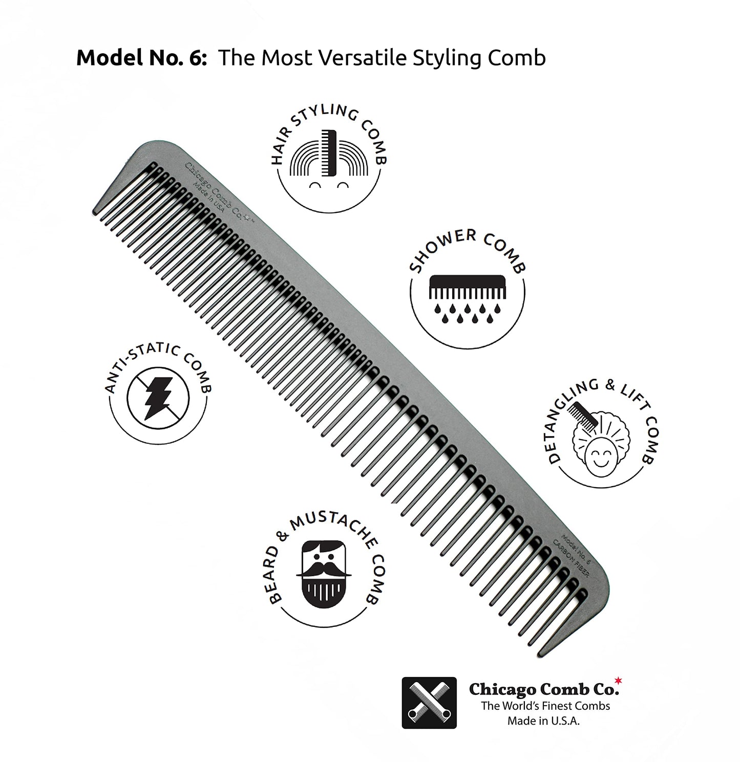 Chicago Comb Model 6 Carbon Fiber Comb + English Tan Horween leather sheath, Made in USA, ultimate styling comb, for men & women, smooth strong & light, anti-static, premium leather sheath