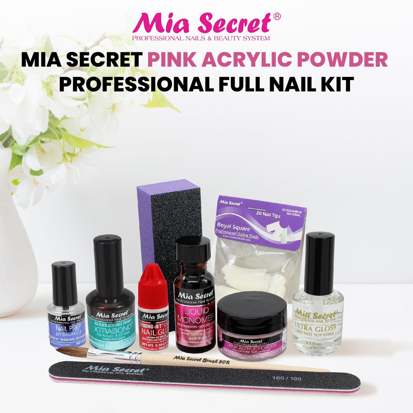 MIA SECRET Pink Acrylic Nail Kit - Full Kit With Powder, Liquid Monomer, Primer, Glue, Top Coat, 20 Nail Tips, Brush, Emery Block, File
