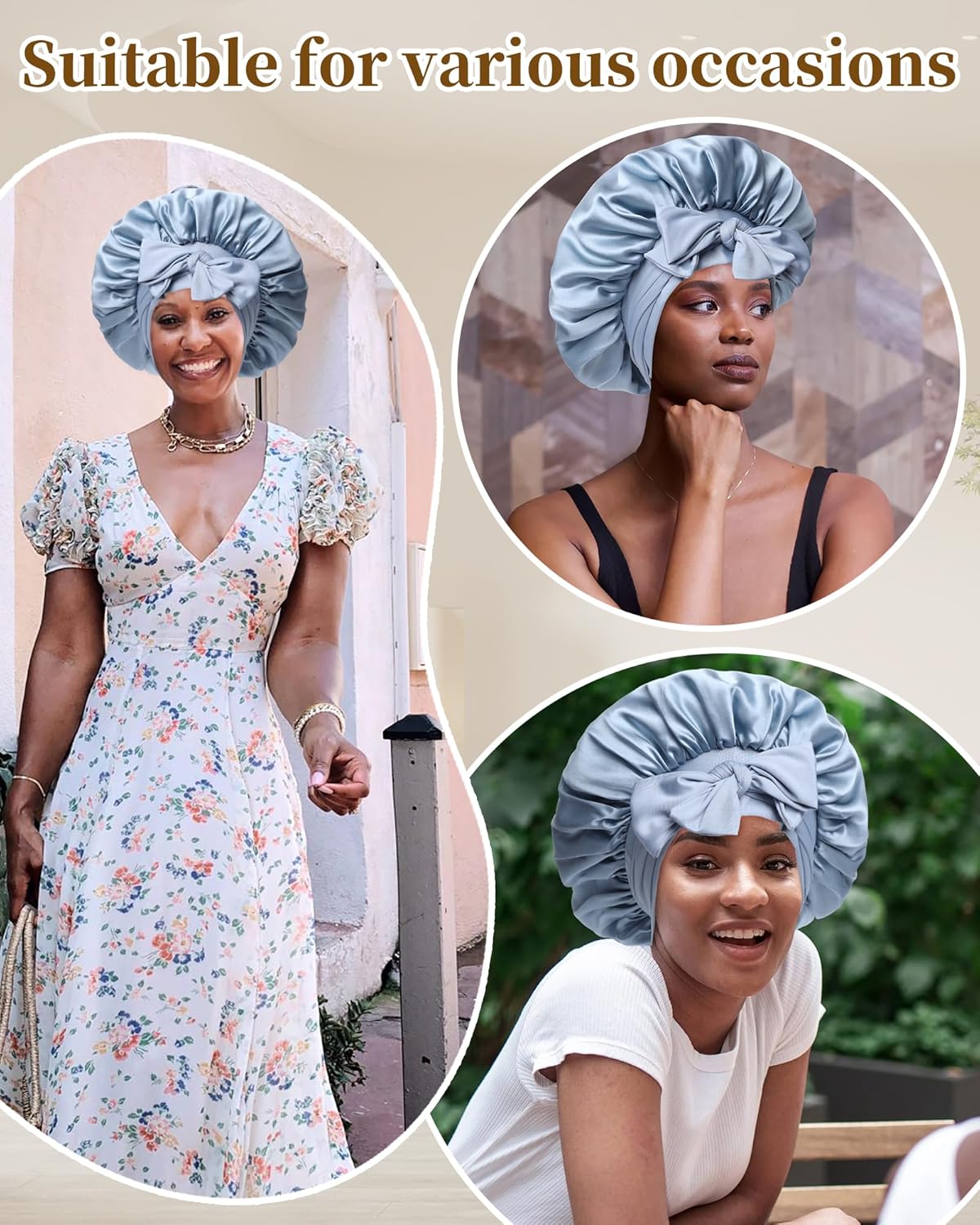 Silk Hair Bonnet for Sleeping - 100% Mulberry Silk with Elastic Tie Band & Scrunchies | Mist Blue & Sky Blue