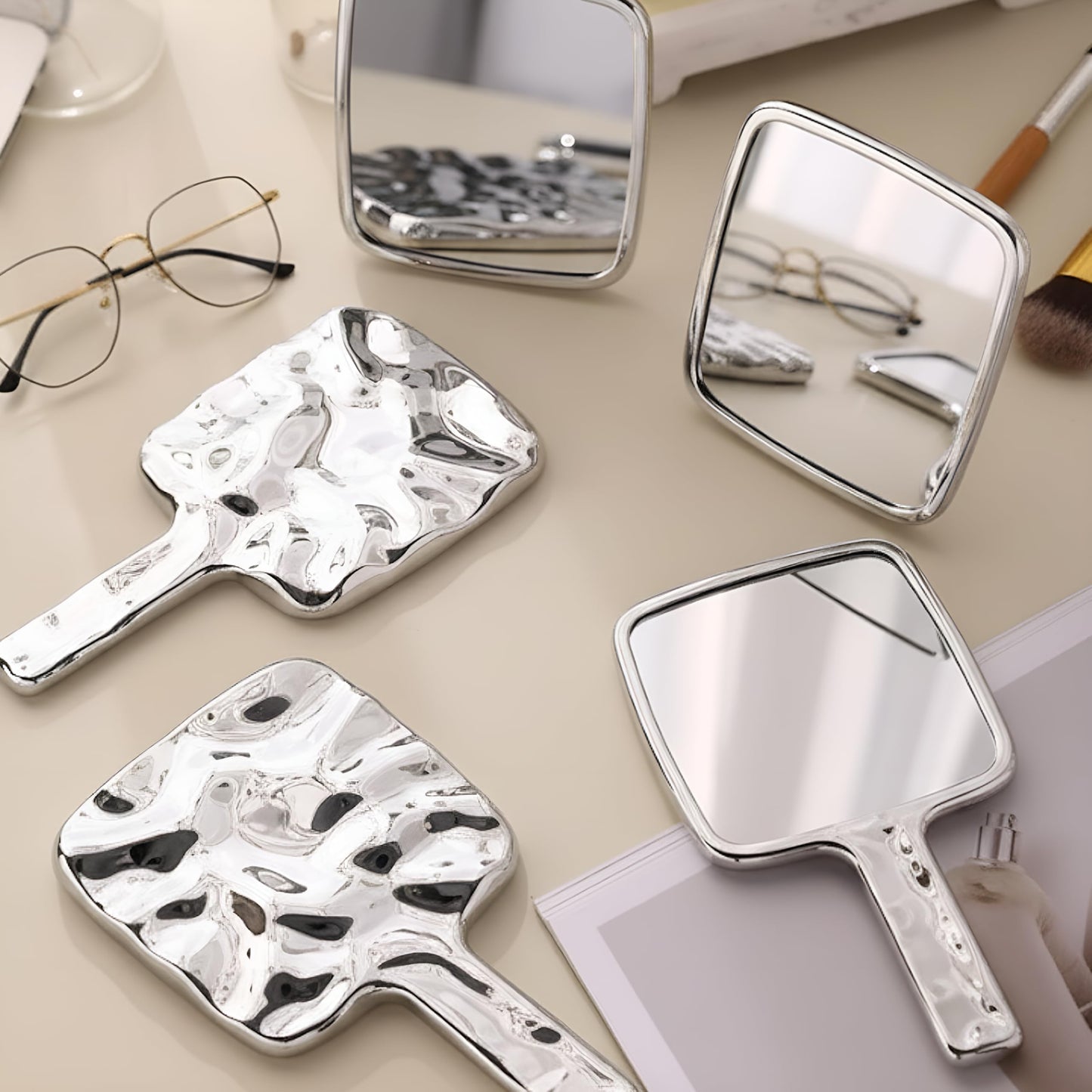 Geetery 12 Pcs Handheld Mirrors with Handle, Water Ripple Silver Square Portable Decorative Hand Mirrors Bulk for Barber Bathroom Salon Travel Party Favors Gift