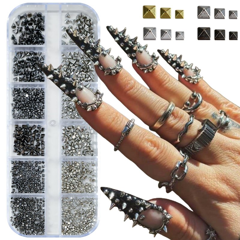 OPMADM 2 Box Goth Nail Charms Punk Metal Nails Studs Square Cone Spike Gold White Gold Silver Black Accessories