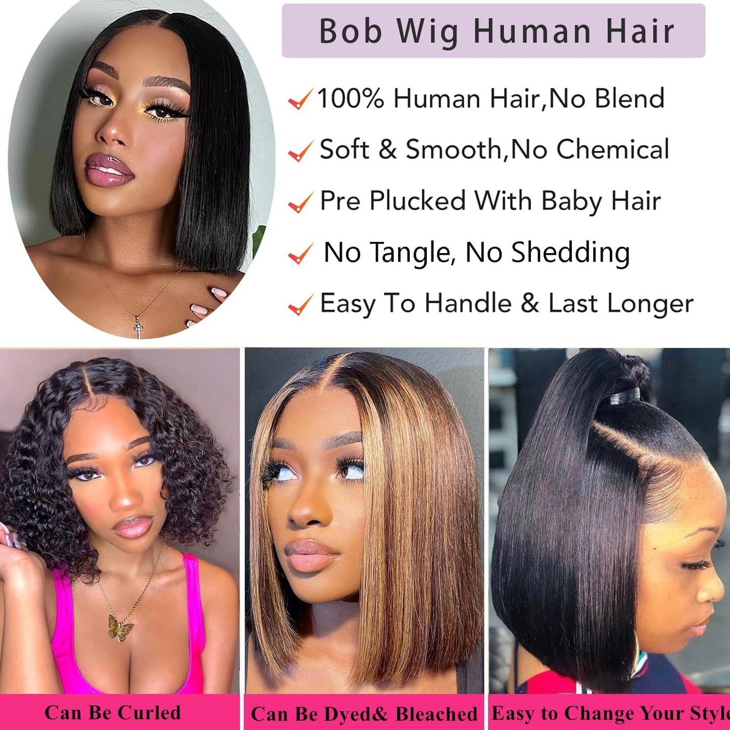 Selina Hair Straight Bob Wigs Human Hair 4x4 Lace Front Wigs Human Hair with Baby Hair 200% Density Brazilian Virgin Hair Natural Black Color 10 Inch