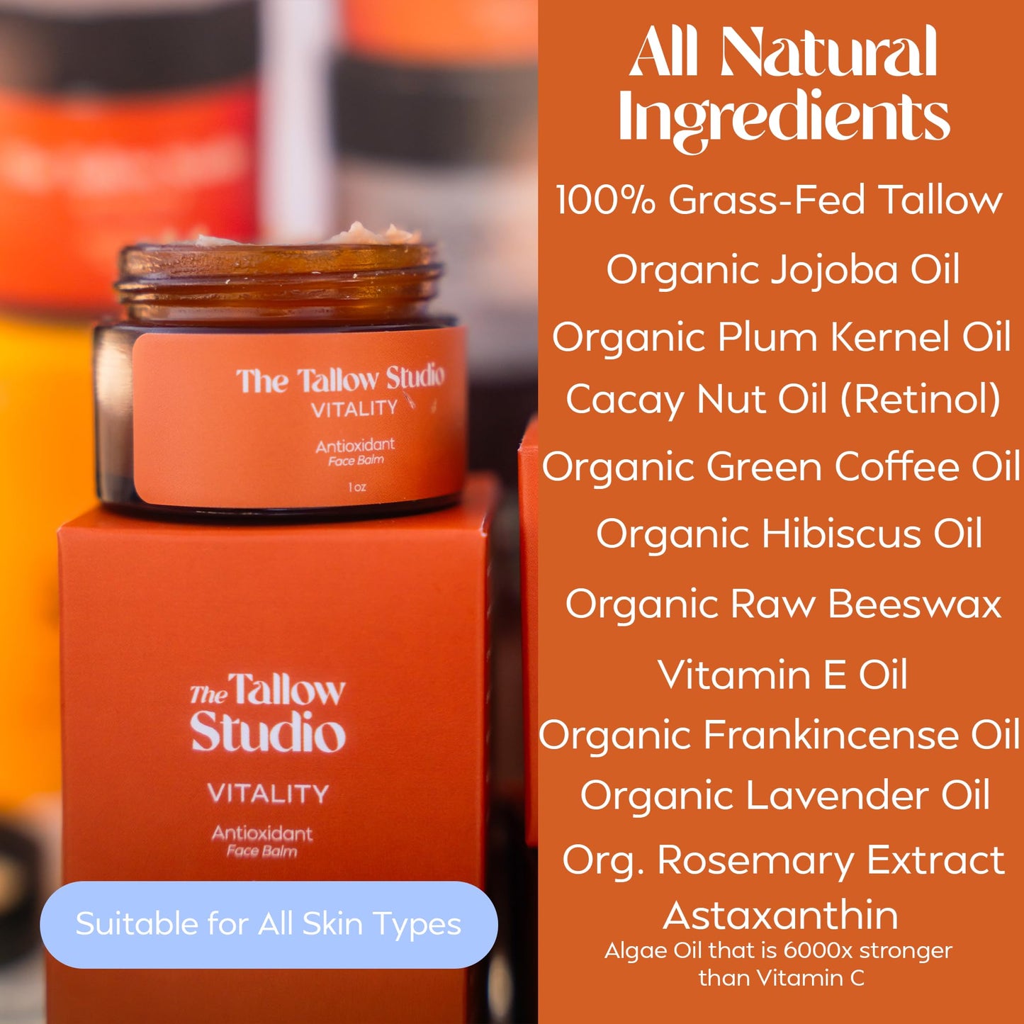 The Tallow Studio Antioxidant Tallow Face Balm for Dry & Sensitive Skin — Grass Fed Beef Tallow Face Moisturizer with Cacay Oil, Frankincense & Astaxanthin — Deeply Hydrating, Chemical Free — 1 oz