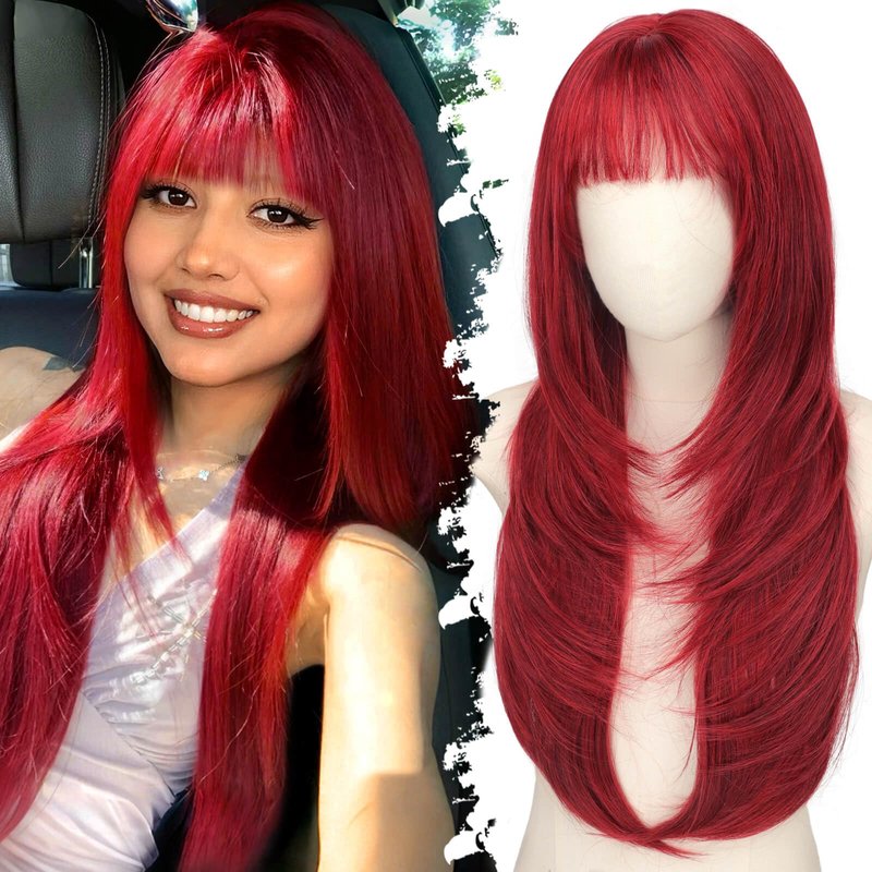 Eawwii Long Red Wig with Bangs for Women, 4x4 Realistic Scalp,Free Parting, Layered Hairstyle Synthetic Heat Resistant for Daily Party Use 26 inch