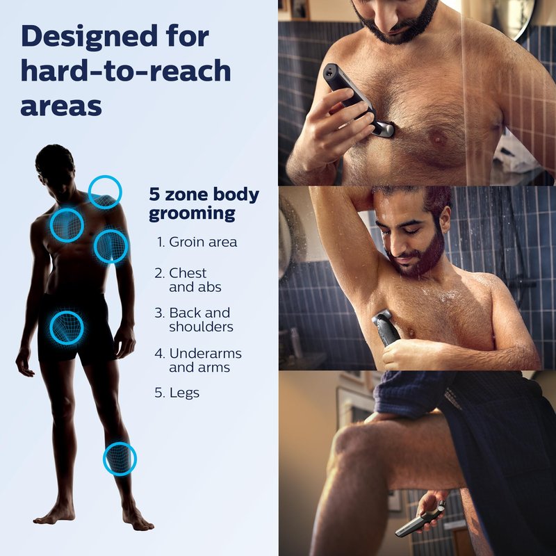 Philips Bodygroom Series 5000, Showerproof Groin and Body Trimmer, Close and Comfortable Shave, Complete Body Grooming Including Back, 60 Min. Runtime, Model BG5025/40