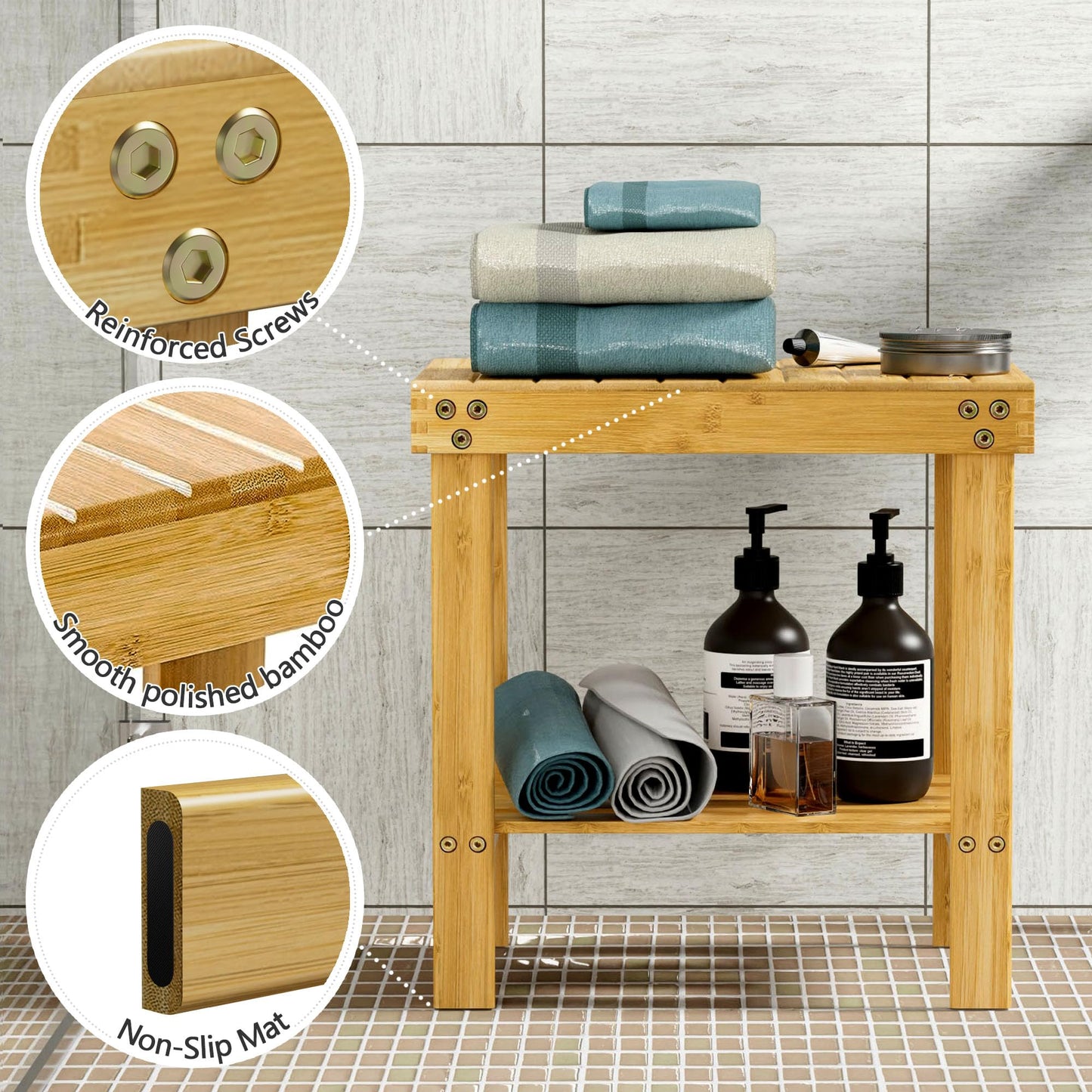 Glavbiku Bamboo Shower Chair, Shower Foot Rest for Adults & Kids, Non-Slip Bath Stool with Storage Shelf, Safe & Stable Wooden Bench for Spa, Bathroom, Bedside, Living Room - White