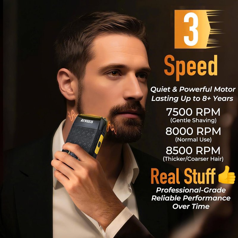 Close Shave Foil Shaver for Men - 8500RPM Electric Razor with 3-Speed Settings | Portable, Cordless, USB-C Rechargeable, 200min Runtime