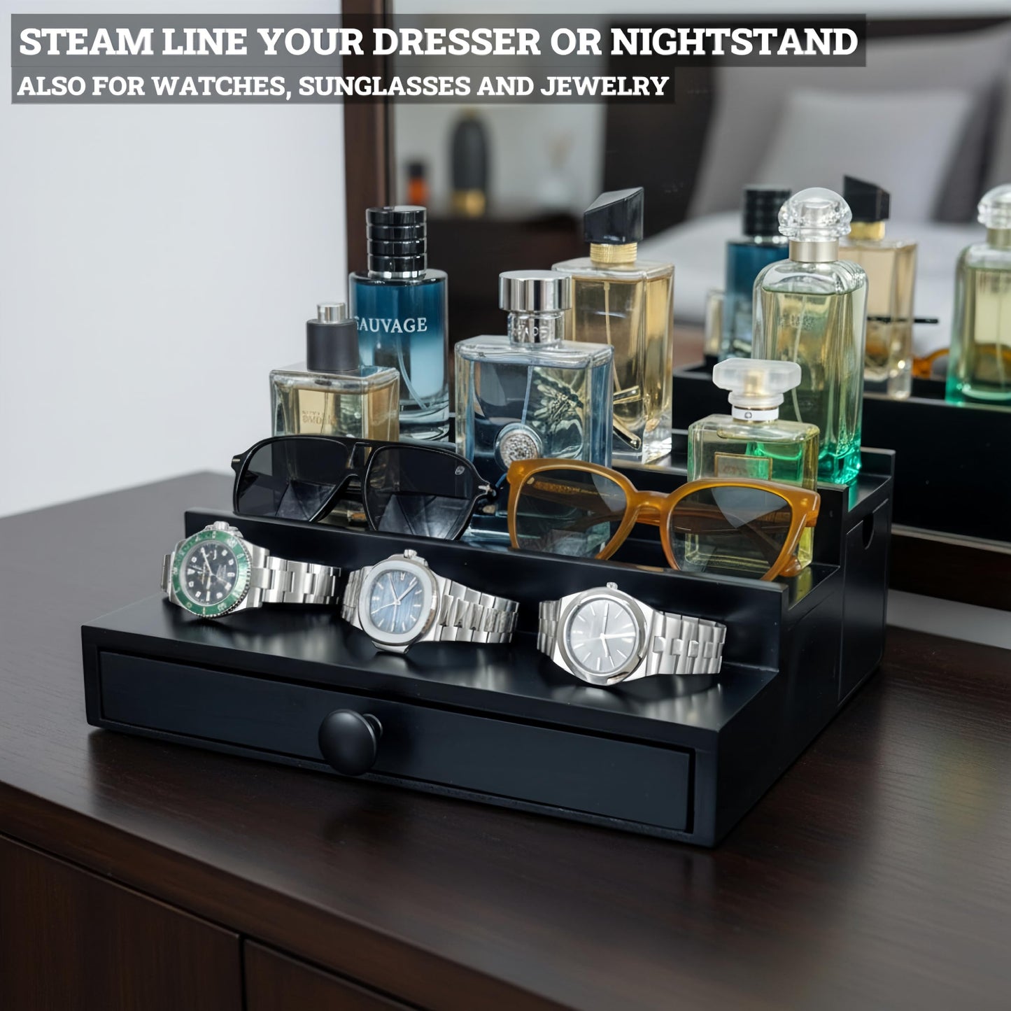 SeLuM Wooden Cologne Organizer for Men 3 Tier | Black Perfume Holder Shelf for Dresser | High Grade Velvet Lining and Stylish Gift Box | Uncluttered Design Perfume Display Stand