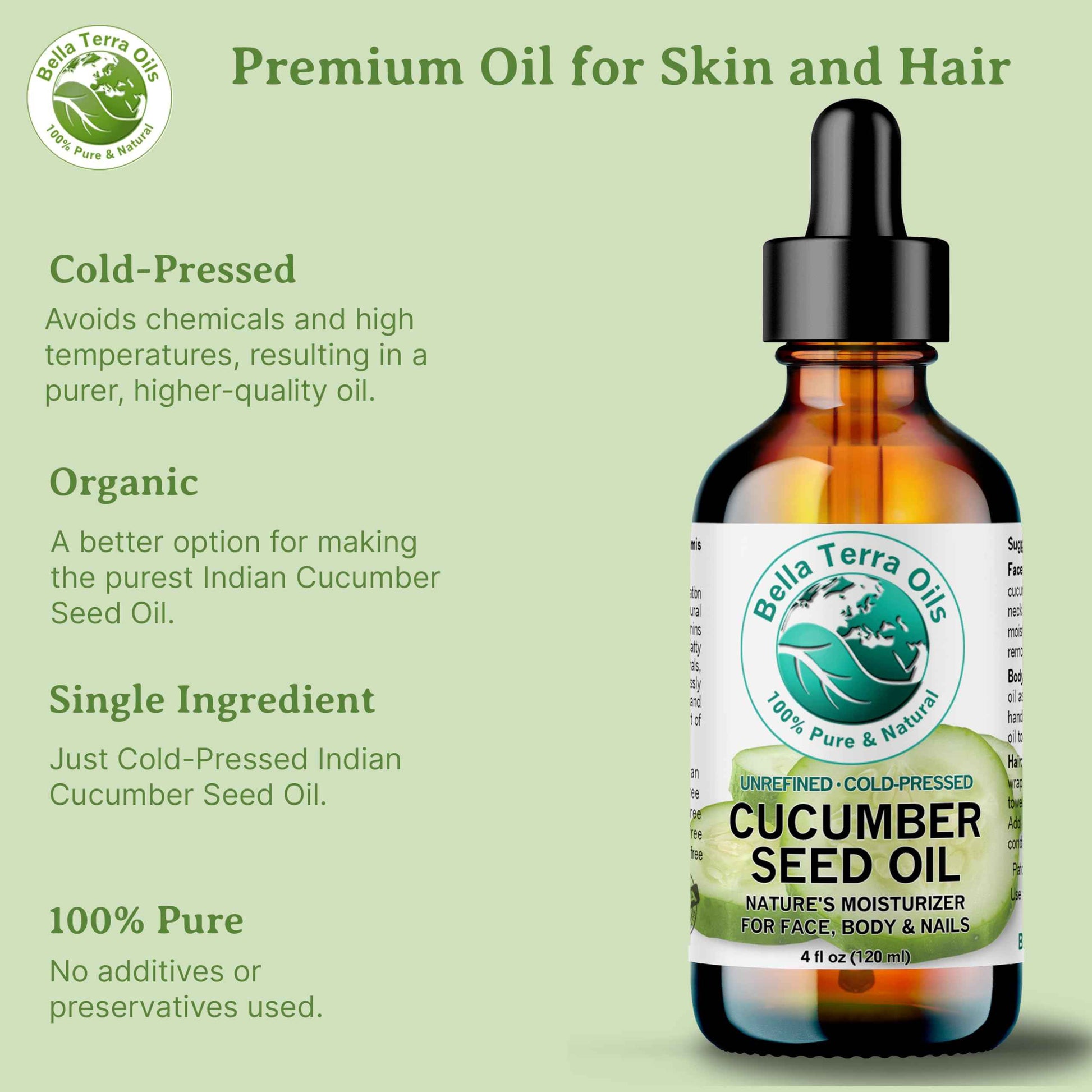 Bella Terra Oils - Cucumber Seed Oil 8 oz - Dive into Cucumber's Nutritional Treasure, Infused with Vitamins & Omega-3, Seamless Addition to Skin Care Arsenal