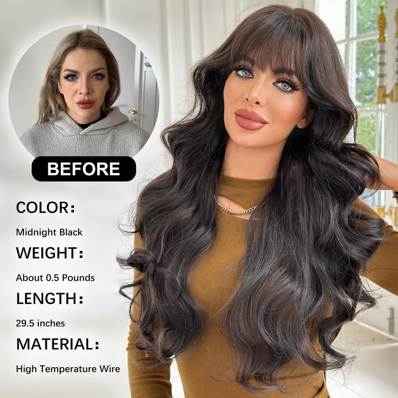 PARK YUN Black Hair Long Wavy Wig With Bangs 30 Inches Sthetic Thick Wig Heat Resistant Ladies Body Wave Wigs For Black Women Natural Looking Daily Party Use