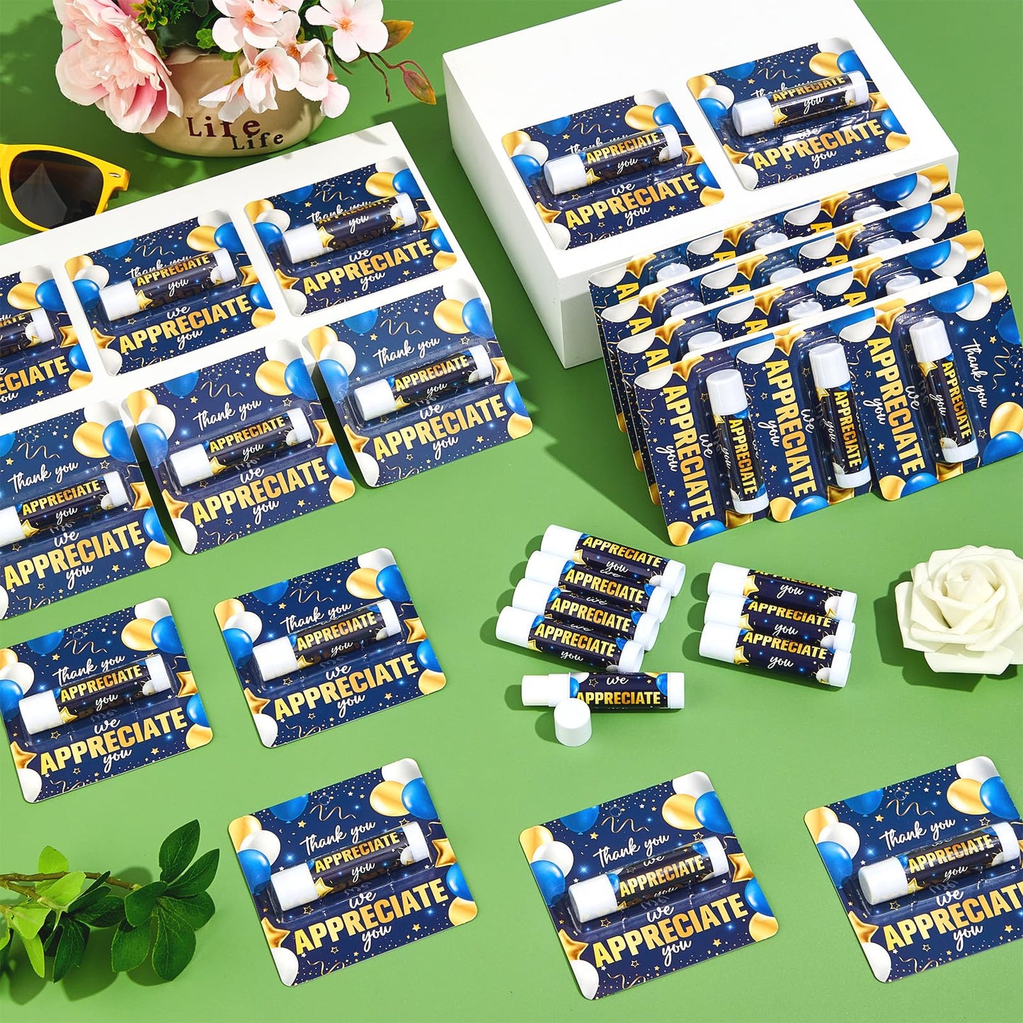 30 Pack Thank You Lip Balm Gifts Bulk, Blue Gold Graduation Lip Balm Gift, Appreciation Party Favor for Teacher Classmate Coworker Employee We Appreciate You Retirement Party Supplies