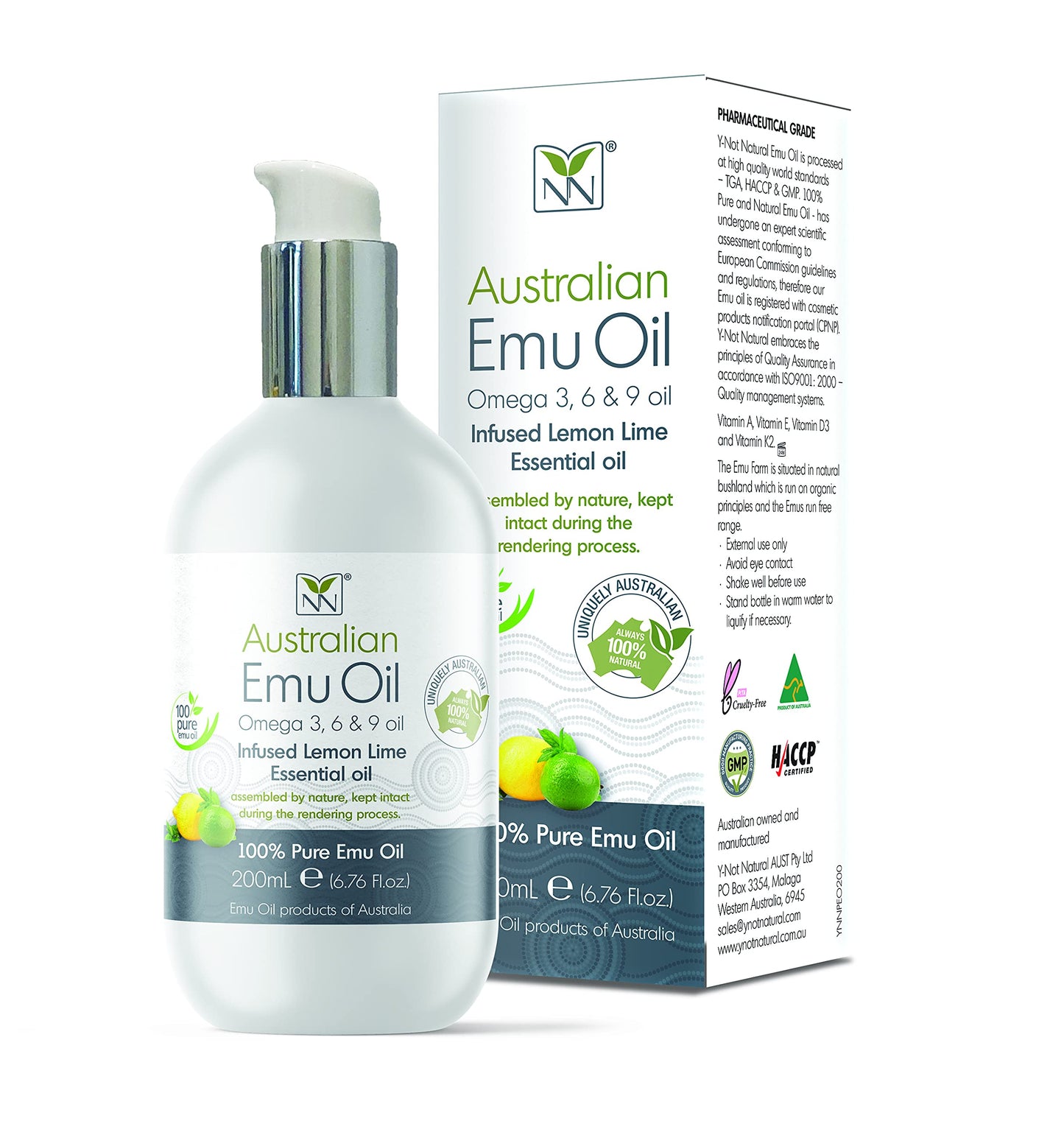 Y Not Natural Pure Emu Oil - Organic Moisture for Face, Body, Hair, Scalp & Nails - Rich in Omega 3-6-9, Vitamins & Essential Minerals - Australian Emu Oil (200ml) 6.76 fl oz - Lemon Lime