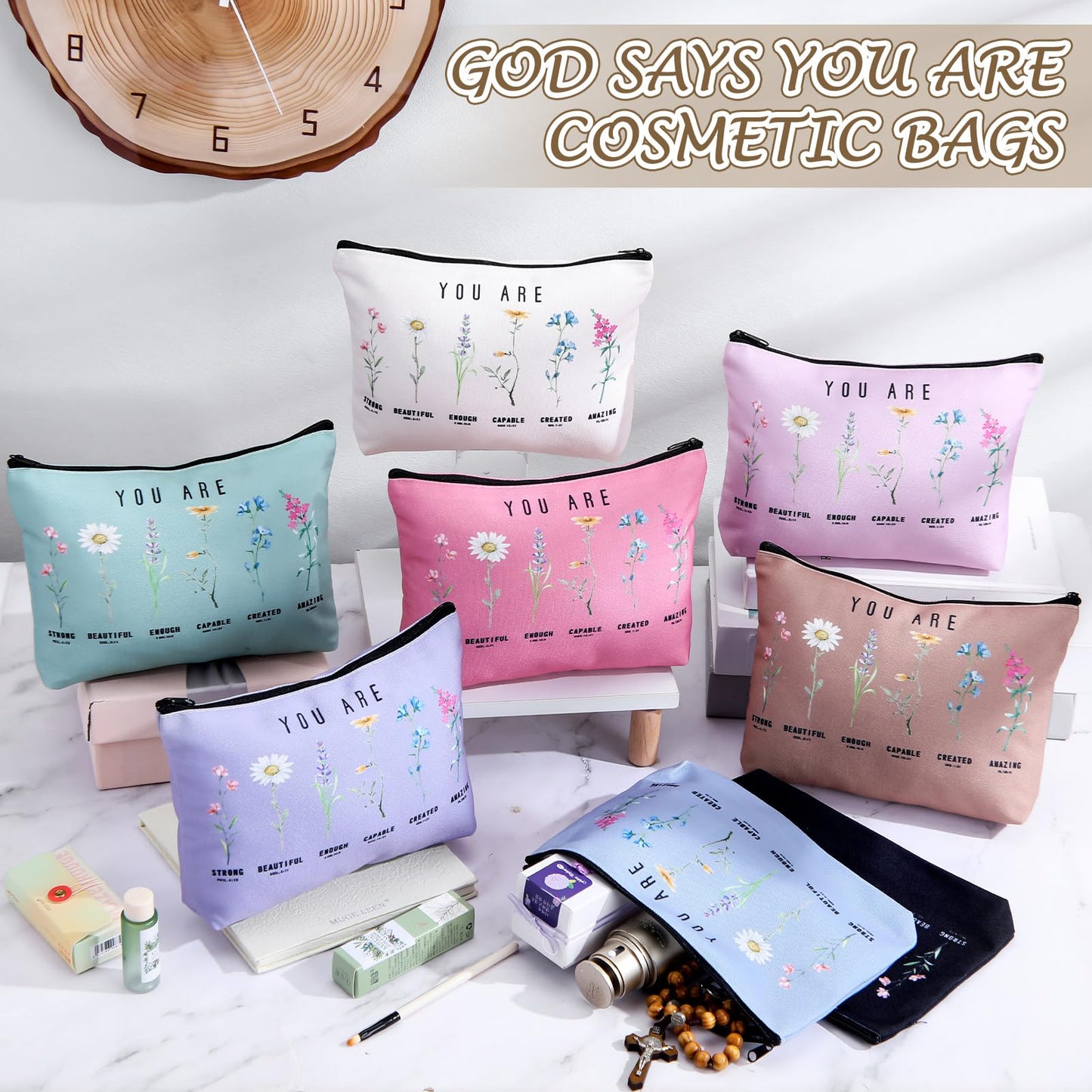 Frienda 24 Pcs God Says You Are Cosmetic Bags for Women Bible Verse Floral Makeup Case Inspirational Religious Bags Affirmations Christian Gifts for Mother's Day Birthday Easter Day(Natural Color)