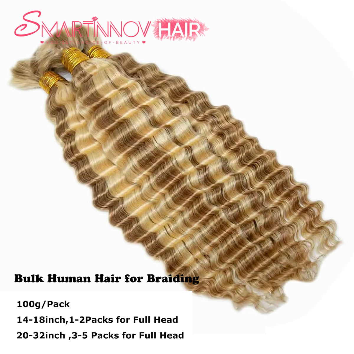 Boho Braids Human Hair Knotless Ombre Blonde Human Braiding Hair 14 Inch 27/613 Ombre Water Wave Bulk Human Hair for Braiding Wet and Wavy No Weft 100g 2 Bundles Curly Human Hair Extensions