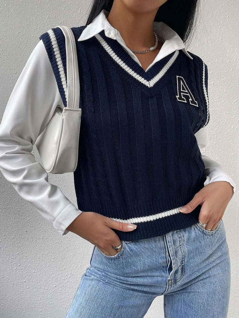 Floerns Women's V Neck Letter Striped Trim Sleeveless Sweater Vest Knit Top Navy Blue S