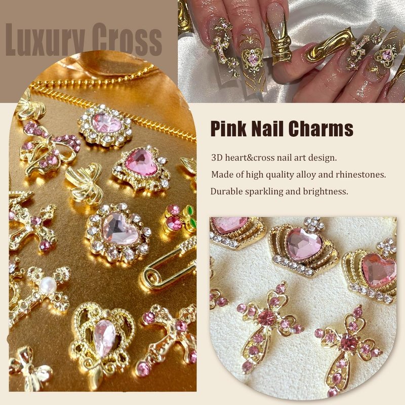 86Pcs Pink Cross Nail Charms 3D Gold Nail Charms Y2k Cute Pink Heart Cherry Bows Crown Acrylic Nail Art Rhinestones Crafting Luxury Nail Jewelry Gems Fake Money Gold Chains for Nails (Gold, Pink)