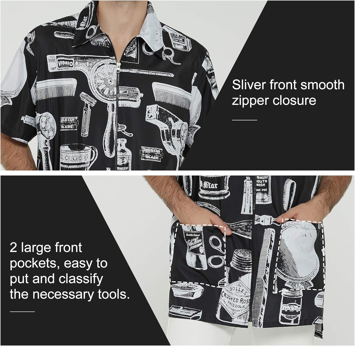 Men's Barber Jacket | Vintage Print Stylist Grooming Smock - Professional Hair Dressing Apparel in Black