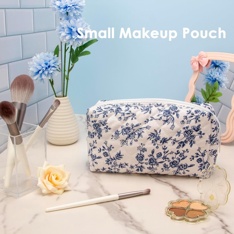 Vintage Quilted Makeup Bag Set - 6PCS Cosmetic Pouches for Brushes & Travel Accessories | Jouy Blue