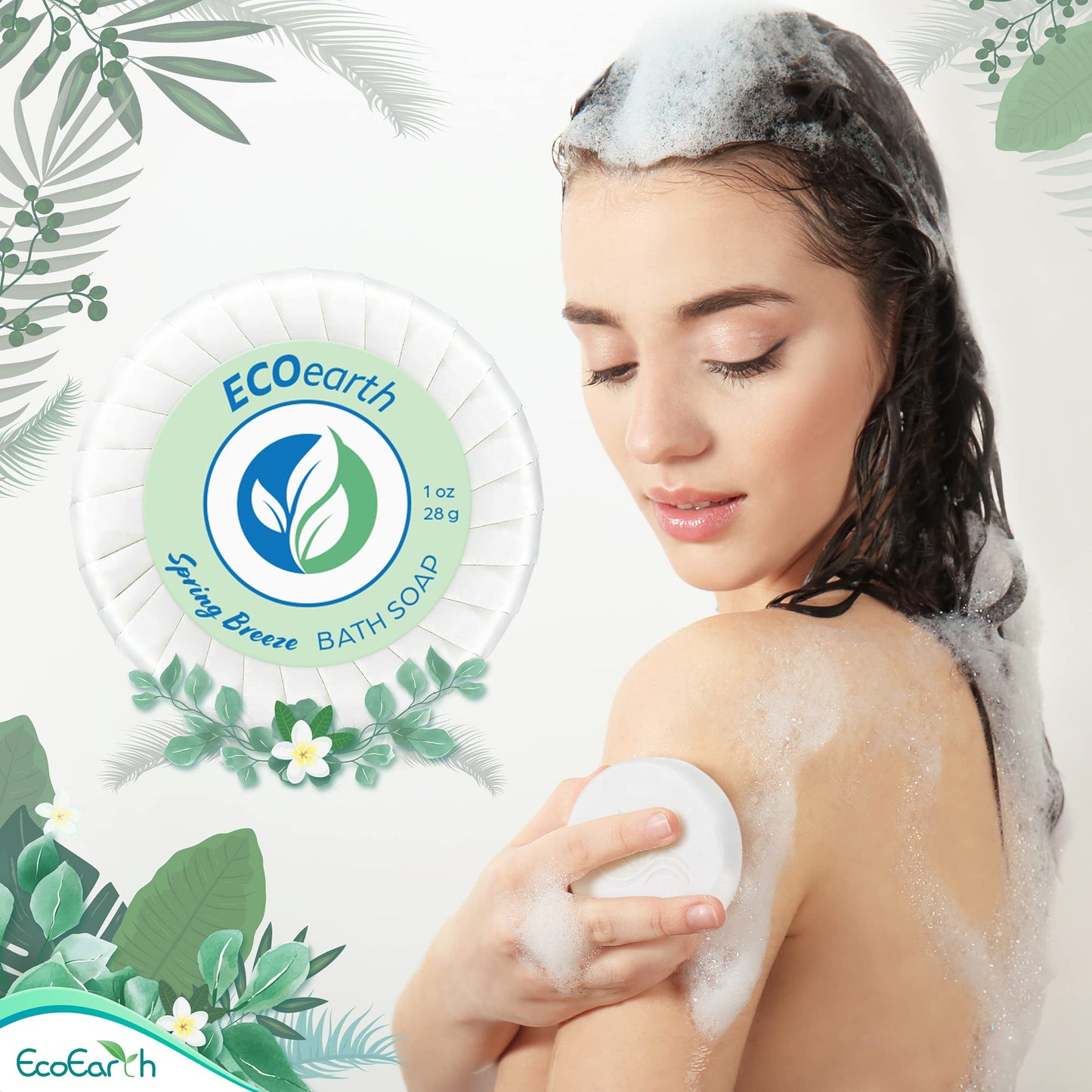 EcoEarth Round Soap Bars, 2in1 Shampoo & Conditioner 2-Piece Set (Spring Breeze, 1 oz each, 100 pc), Delight Your Guests with Revitalizing & Refreshing Hotel Toiletries & Hotel Amenities