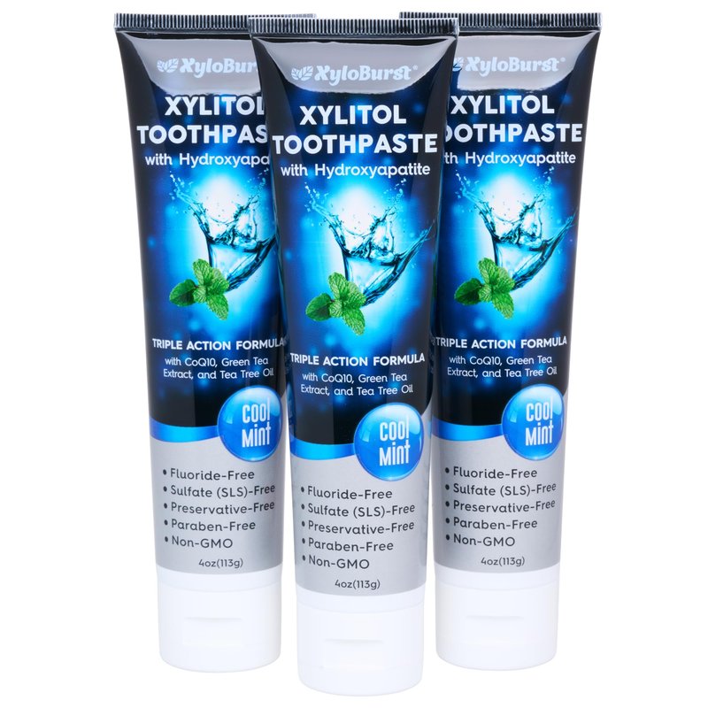 XyloBurst Hydroxyapatite Toothpaste with Xylitol - Fluoride-Free Hydroxyapatite Toothpaste, SLS-Free, Paraben Free, Cruelty Free, Made in the USA, Cool Mint, 4 oz Tube (3 Tubes)