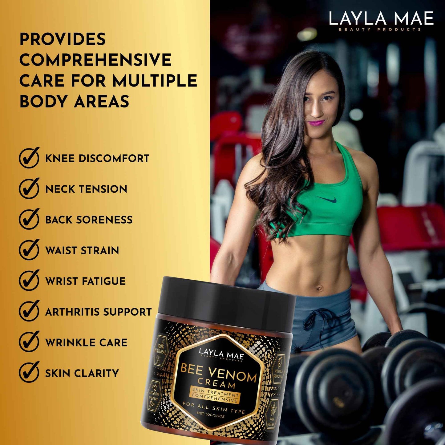 Layla Mae Bee Venom Skin Treatment Cream - Wrinkle Care Face Lift & Firming Muscle & Joint Wellness Body Pain Support Cream - Natural Care for Skin Imperfection