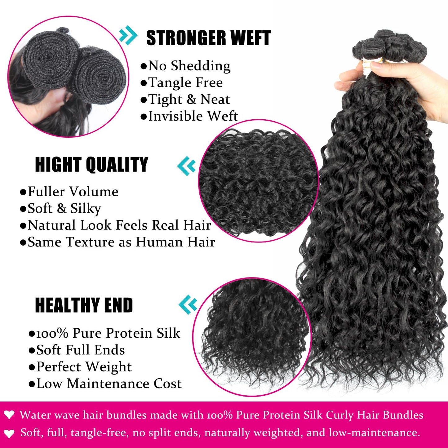 UENOKIPS Water Wave Hair Bundles 100% Pure Protein Silk Curly Bundles 16 18 20 Inch 6 Bundles 290g Synthetic Soft Natural Look Human Hair Feel Wet and Wavy Hair Extensions Natural Black