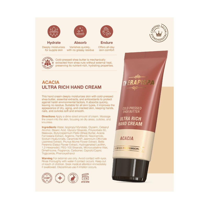 THERAPISPA Ultra Rich Hand Cream – Intensive Hydration & Repair for Dry, Chapped Hands | Enriched with Shea Butter, Ceramides, Niacinamide (B3) & Panthenol (B5) (Acacia, 2.0 oz, Pack of 1)