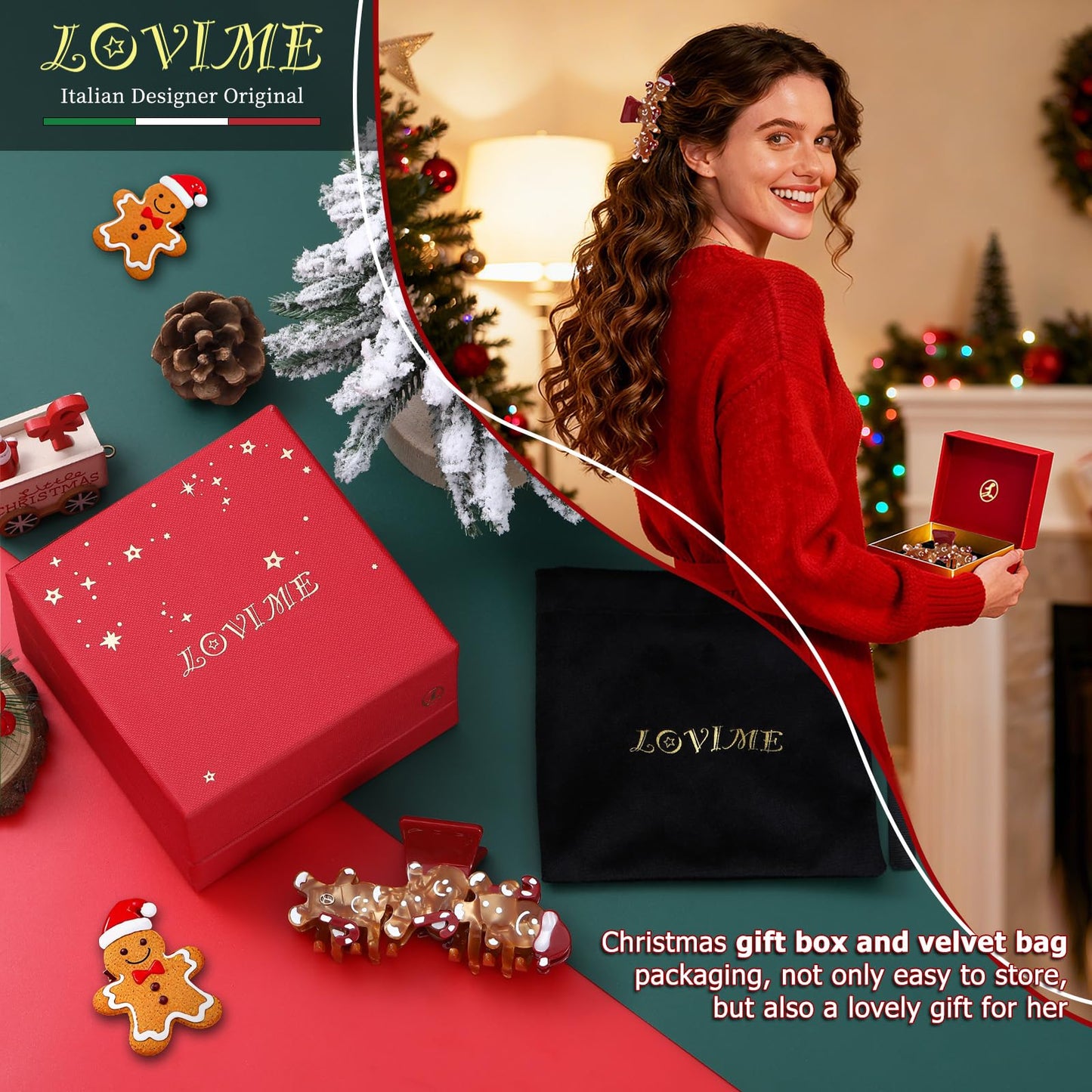 LOVIME Large Hair Clips for Women Premium, Cute Gingerbread Claw Clips for Thick Thin Long Hair Girls, No Slip Hair Clip 4 Inch, Hair Accessories For Mothers Day Gifts for Mom with Gift Box