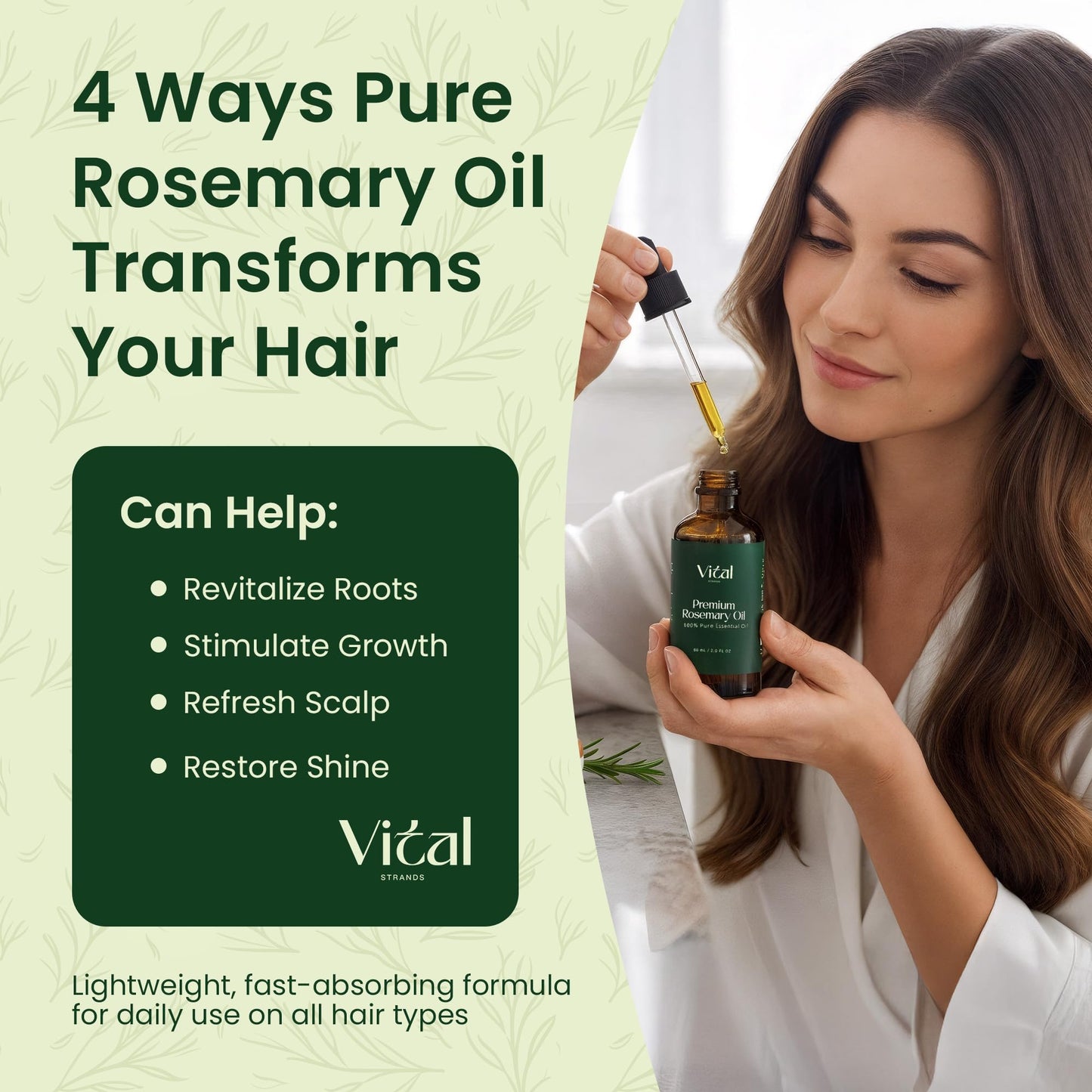 Vital Strands 100% Pure Rosemary Oil for Hair Growth & Thicker Hair – Cold Pressed Natural Essential Oil for Women & Men, Nourishes Scalp, Strengthens Roots, Promotes Regrowth & Reduces Thinning