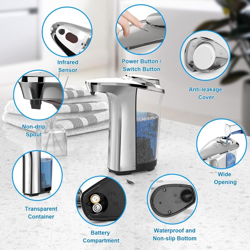 Automatic Soap Dispenser - Touchless 17oz Liquid Hand Dispenser with Infrared Sensor | Adjustable Levels, Silver