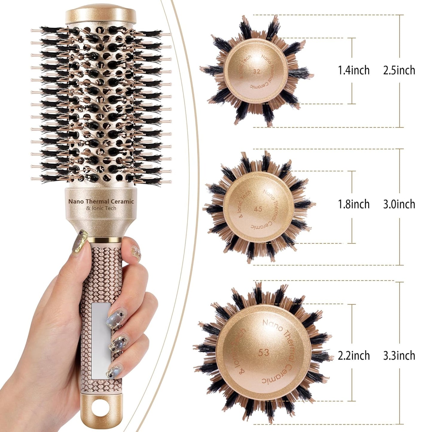 SIMPOR Round Hair Brush - Nano Thermal Ceramic & Ionic Tech | 1.3 Inch Gold Boar Bristles for Blow Drying & Styling