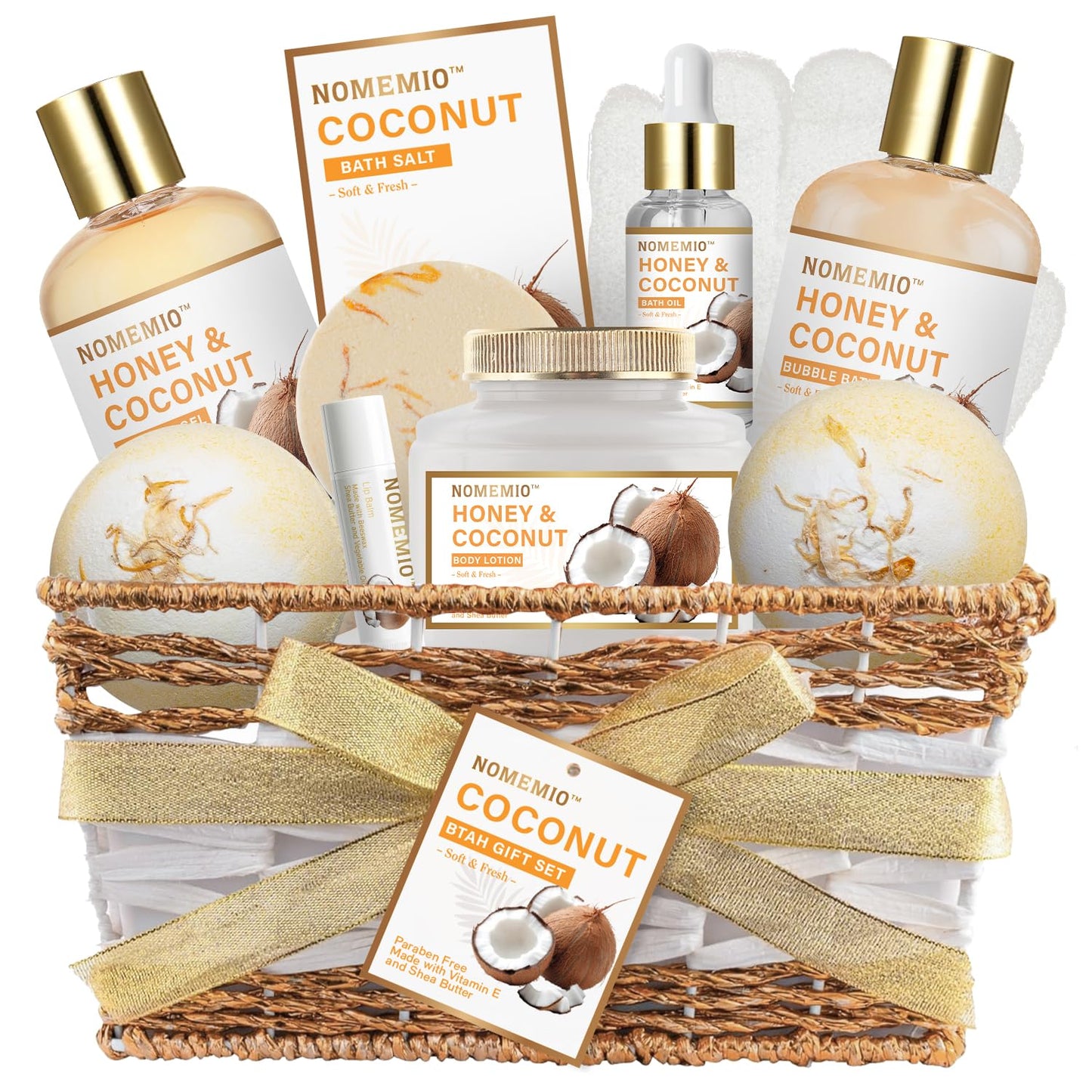 Valentine's Day Spa Gift Basket - 11pcs Honey & Coconut Luxury Bath Set | Perfect Beauty Gifts for Women & Moms