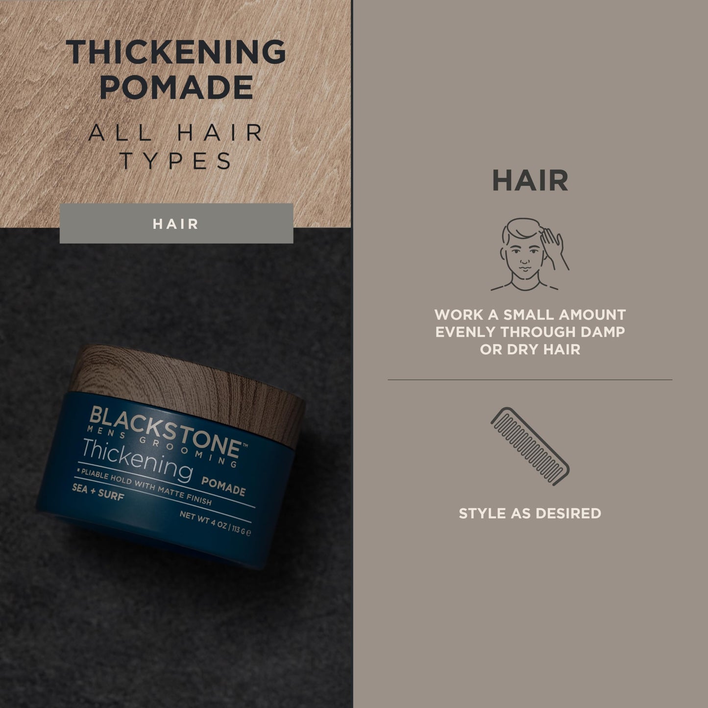 Blackstone Men's Grooming Hair Thickening Pomade - Pliable Hold with Matte Finish | Sea + Surf Scent (4 Oz, 2 Pack)