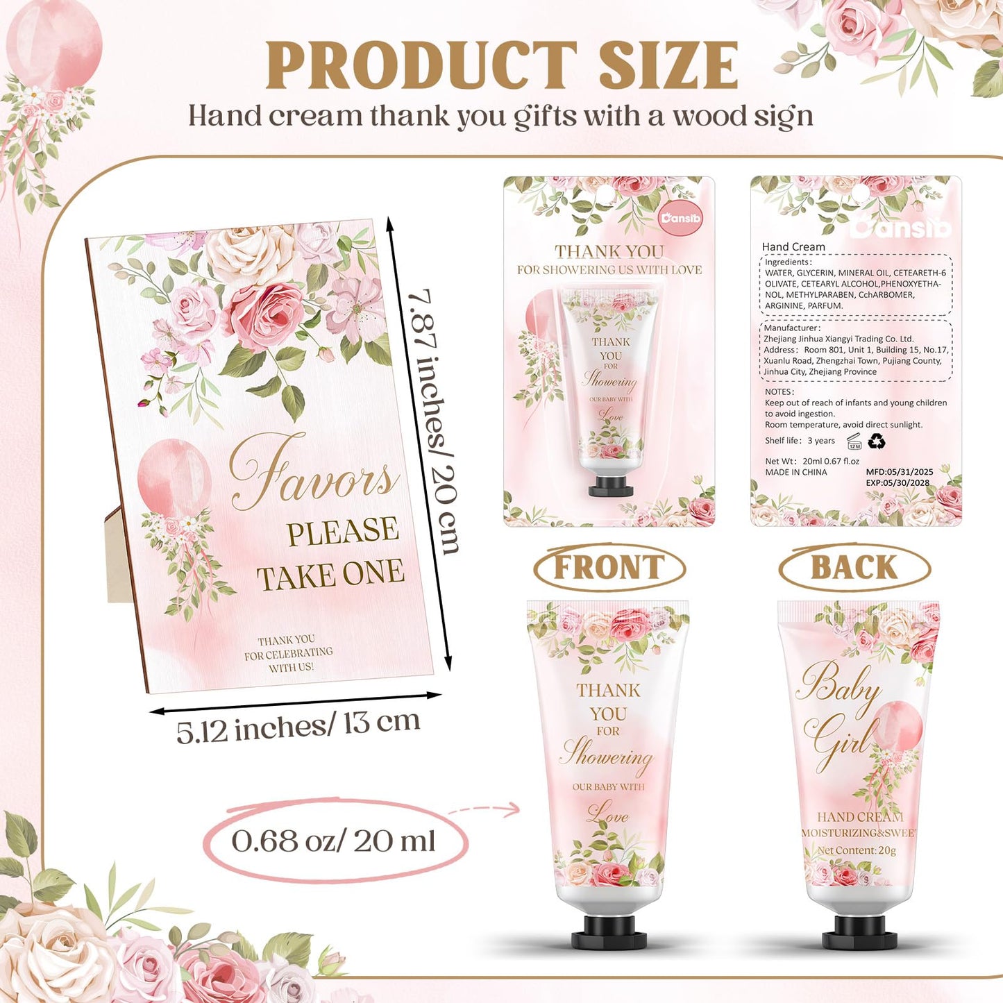 Dansib 30 Pack It's a Girl Baby Shower Hand Cream Baby Shower Favors Games Prizes Party Favors with 1 Wooden Stand for Guests for Gender Reveal Souvenirs, Gift Bags Stuffers