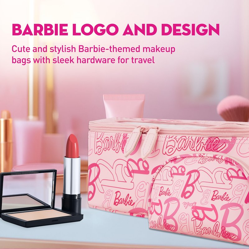 Concept One Barbie 2-Piece Women's Makeup Bag, Two Zipper Travel Cosmetic Zipper Pouch Organizer with Logo, Pink