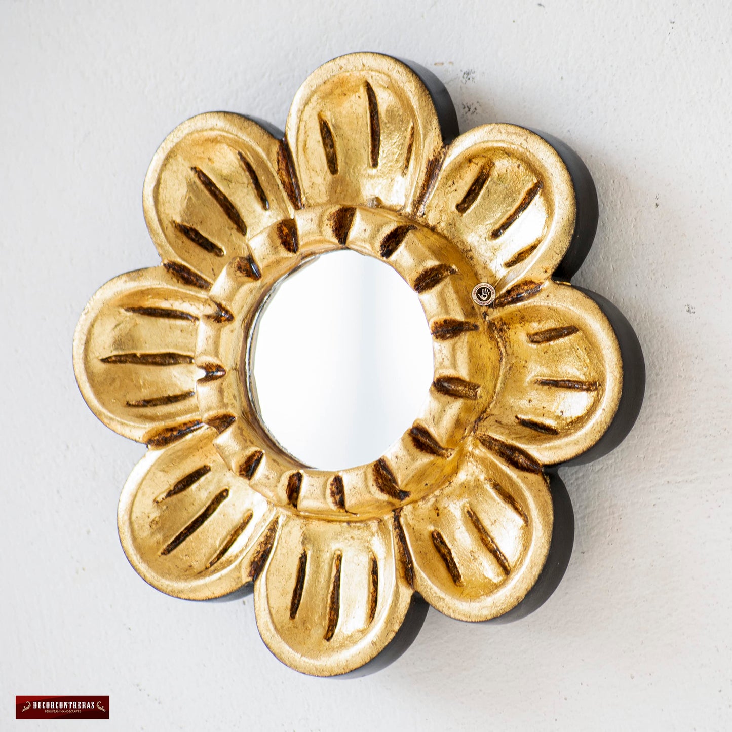 DecorContreras Peruvian Gilded Bronze Leaf Round Mirror 6”- Luxury Hand-Carved Wood Flower Wall Art - Small Space Art