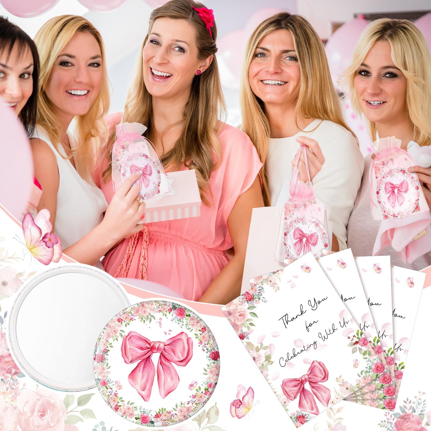 Namalu 48 Sets Coquette Pink Bow Party Favors Compact Mirror Bulk Pink Bow Gift Bag and Thank You Cards Bags for Baby Shower Bridal Wedding Guest Appreciation Gifts Gender Reveal