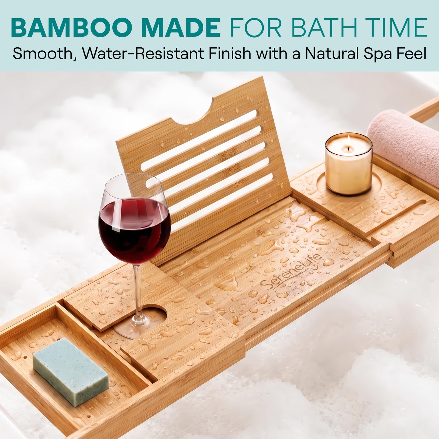 SereneLife Bath Caddy Breakfast Tray Combo - Natural Bamboo Wood Waterproof Tub and Bed with Folding Slide-Out Arms, Device Grooves, Wine Glass Soap Holder