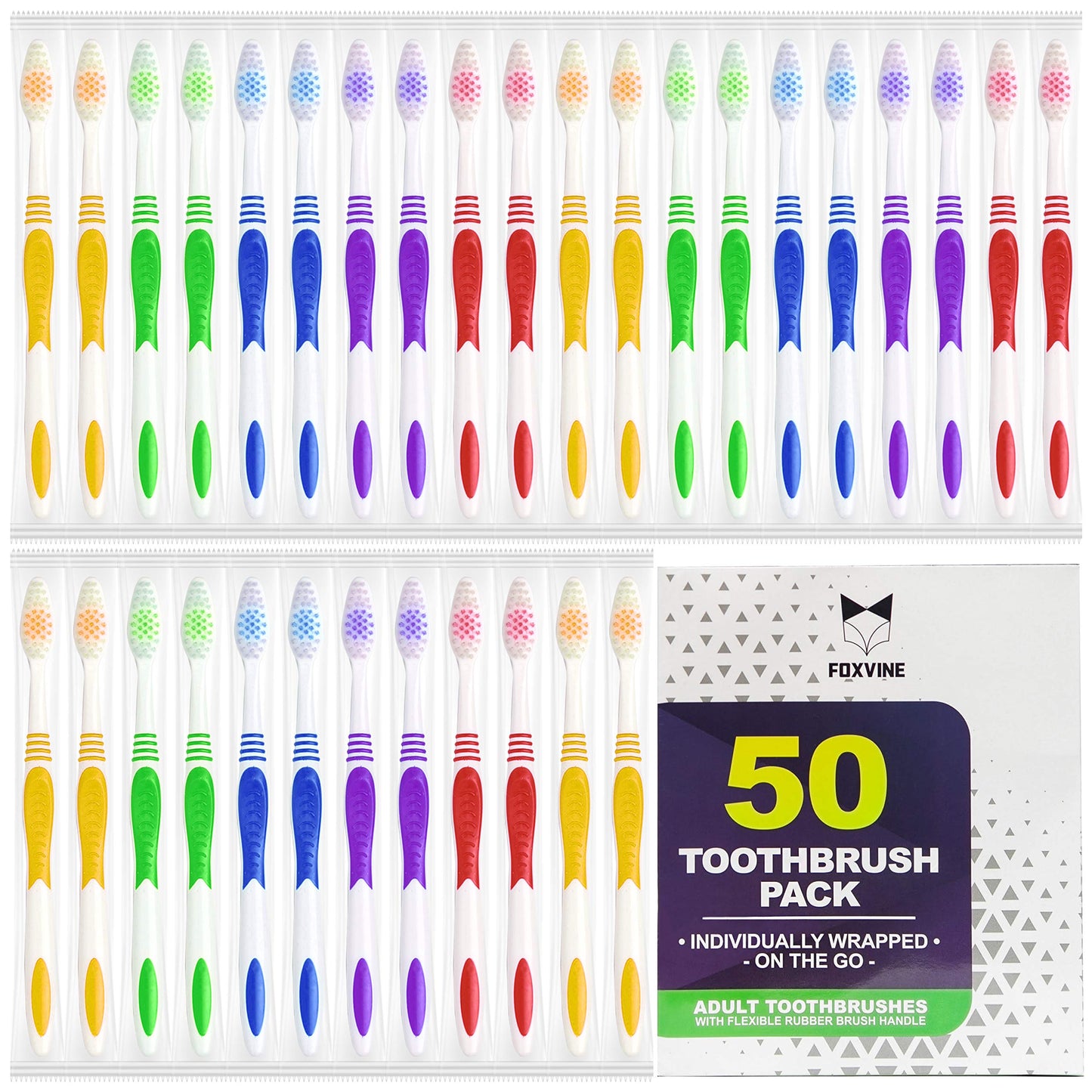 EcoFox Bulk Toothbrushes 50 Pack | Individually Wrapped Travel Toothbrush Set for Adults & Kids | Made with a Medium-Soft Large Brush Head | BPA-Free & Disposable!