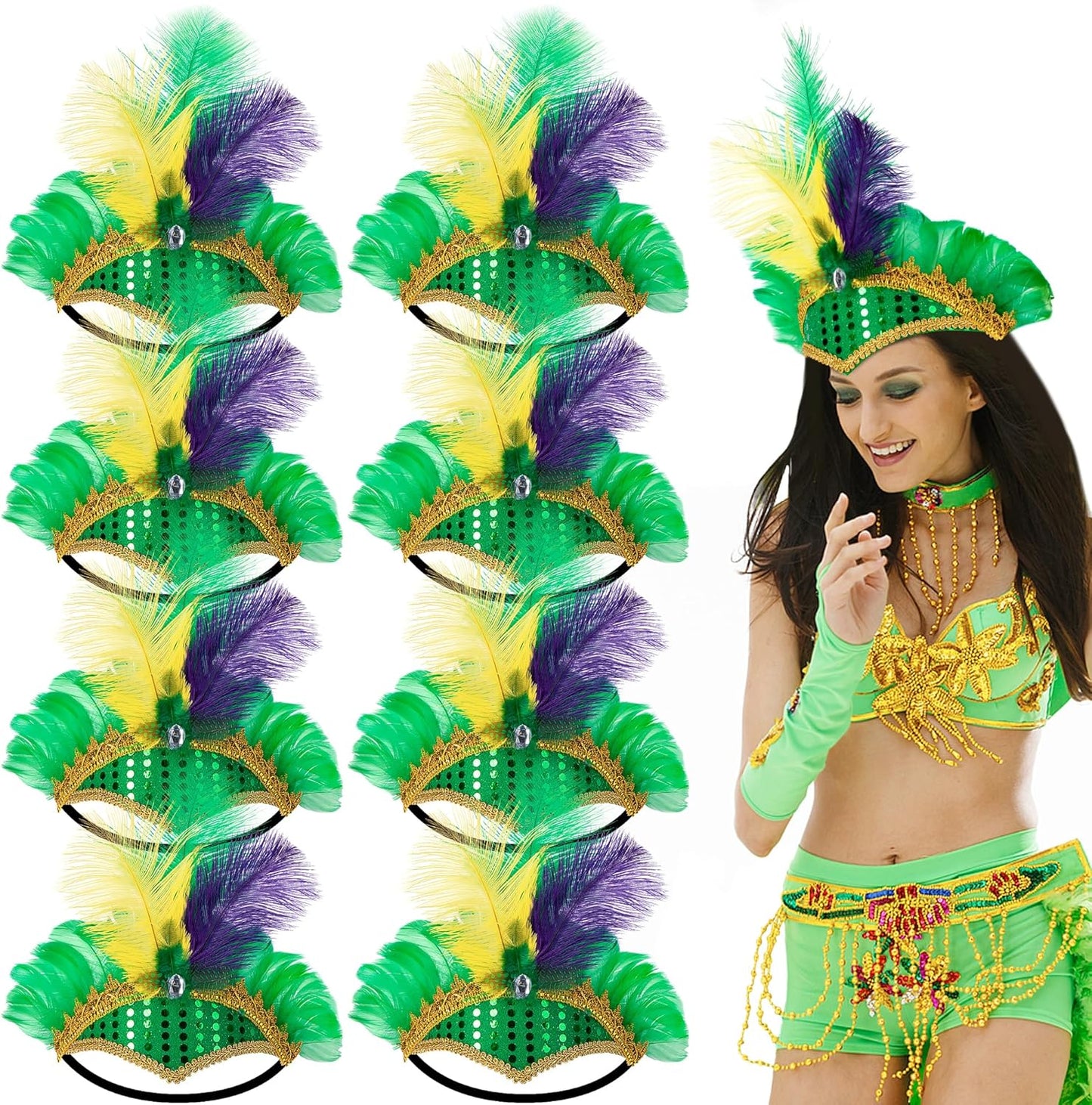 Mardi Gras Feather Headband Set - 8 Pcs Purple, Yellow & Green Masquerade Accessories | Flapper Headdress for Women & Girls