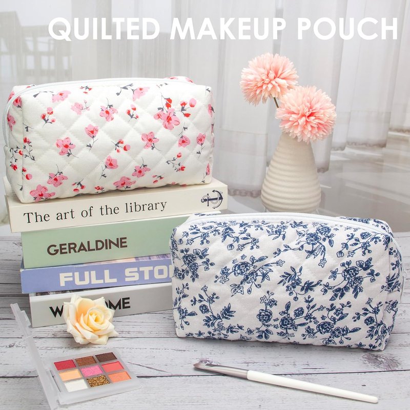 Vintage Quilted Makeup Bag Set - 6PCS Cosmetic Pouches for Brushes & Travel Accessories | Jouy Blue