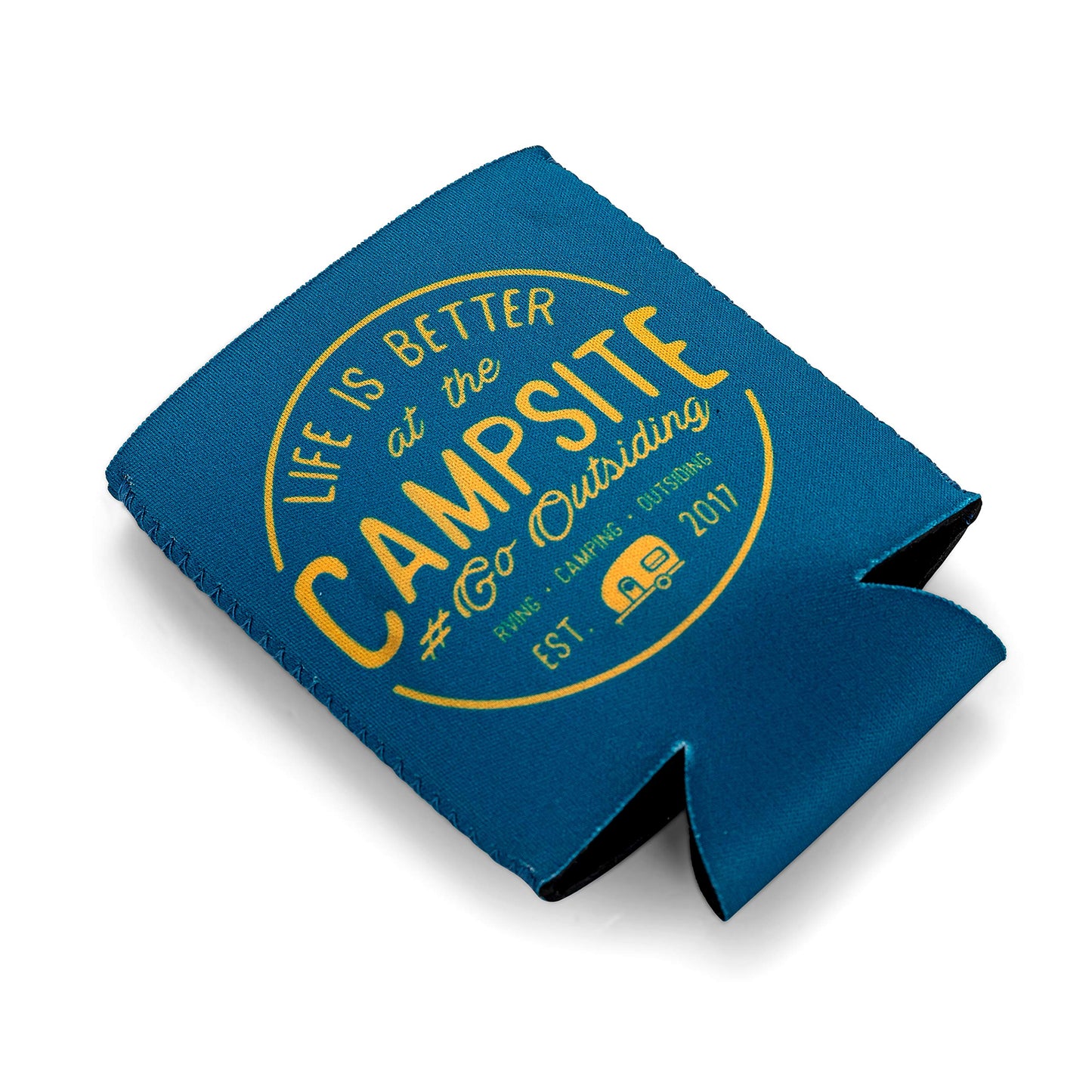 Camco Life is Better at The Campsite Sleeve – Neoprene Soda or Beer Coolie, Fits 12 oz. Cans, Navy Blue and Gold Seal – (53247)